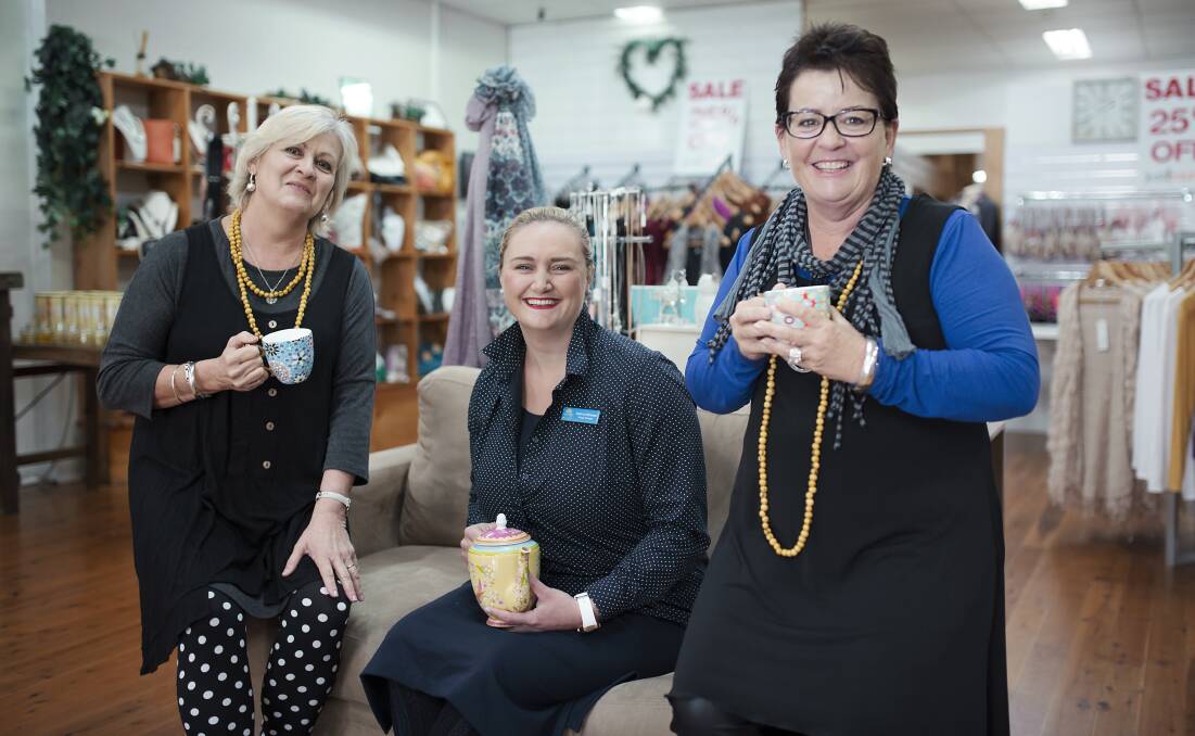 BIGGEST MORNING TEA: Just Country has partnered with Oaktree Village to present a Biggest Morning Tea event, pictured from left, Tana Byrnes, Kathryn Blinman, and Tracie Finlay. Photo: Taylah Hudson.