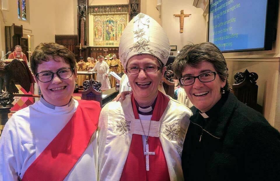 Recently ordained Anglican Church deacon, Reverend Dr Margaret Wesley, left, pictured after her ordination in Bendigo with two old friends, Genieve Blackwell, now a bishop in Melbourne, and Di Morgan, who is in ministry in Sydney.