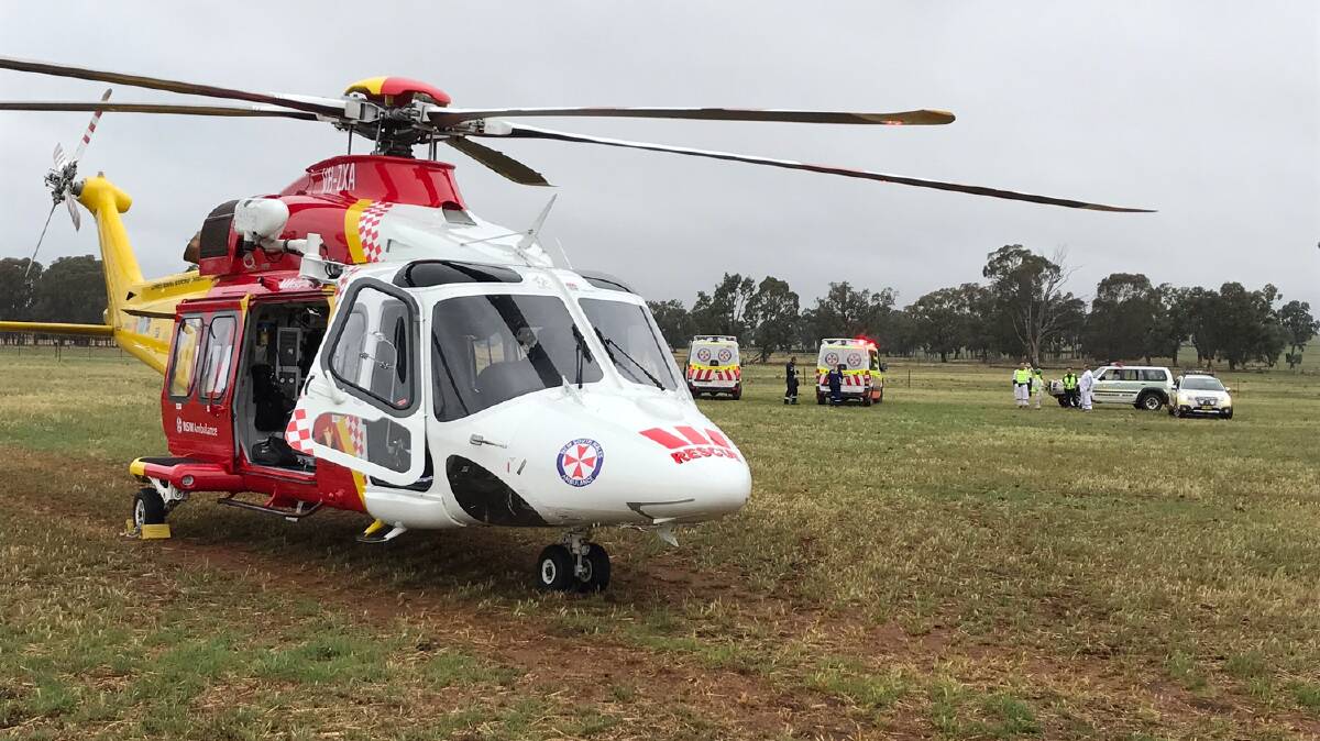 Morning mission: The Westpac Rescue Helicopter near the scene of the crash at Purlewaugh, east of Coonabarabran. Photo: Westpac Rescue Helicopter