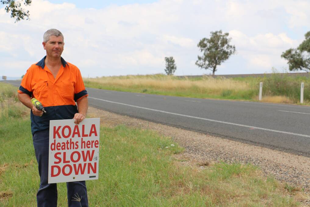 Gunnedah Urban Landcare Group member George Truman uses a drill to great effect to warn drivers to look out for koalas. Photo: John Lemon