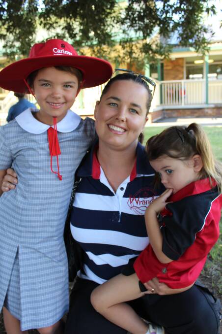 Kindergarten student Bridie Durrant with her Mum, Alicia, and little sister Hadley (Gumnuts class) at Carinya Christian School. 
