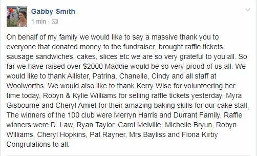 Gabby Smith posts a thank you on Facebook.