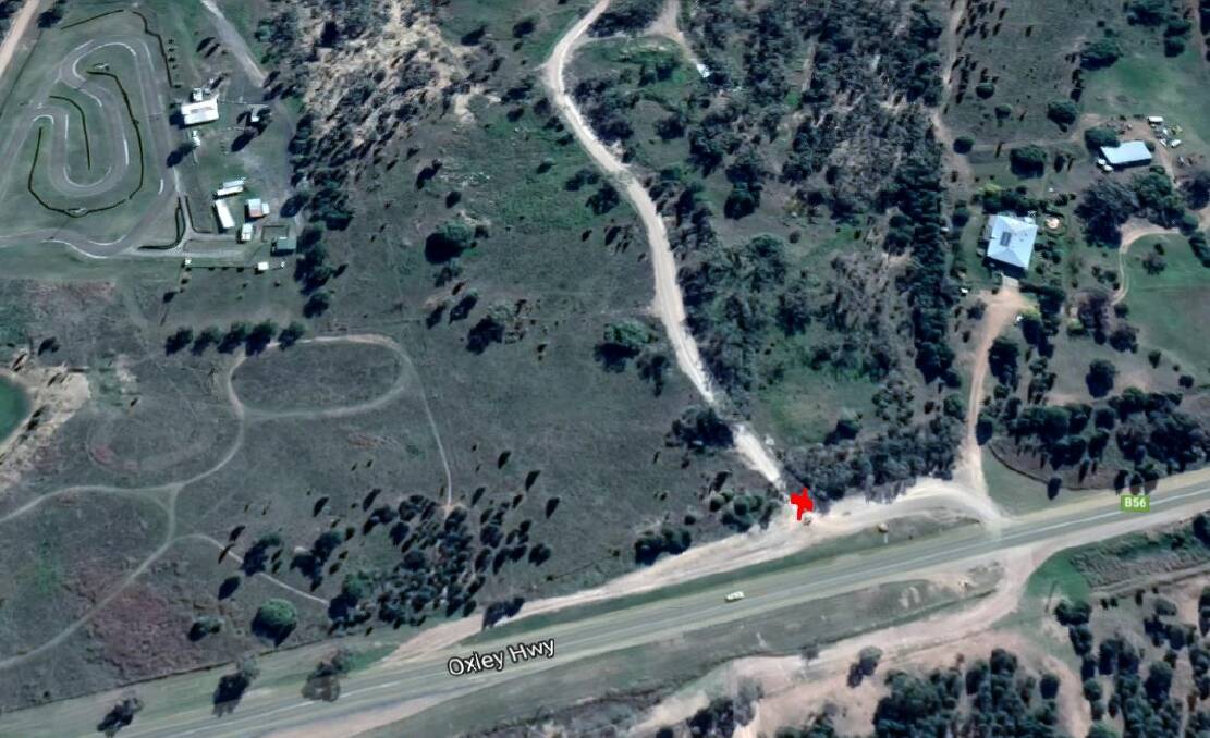 The current entry point for the potential koala park site on the Oxley Highway south-west of Gunnedah is marked by a red x. The site neighbours the Go Kart track on the left and Balcary Park (not pictured).