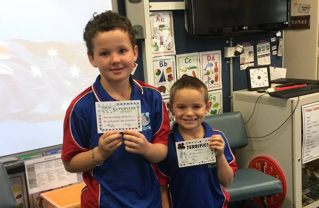 Benny Markwick and Brendan Colley with their Terrific and Superstar awards at Somerton Public School.