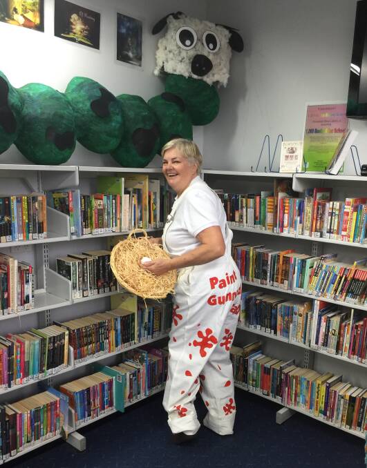 Paint the Town REaD, Liza Ironmonger, with the REaD egg and the Very Hungry Caterpillar cow at Gunnedah Shire Library.