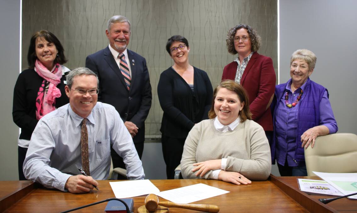 Members of the Inclusive Playground Working Group with Touched by Olivia Foundation executive officer Bec Ho (front, right) and Gunnedah Shire Council's Debra Hilton (back, left) and Edward Paas (front, left).