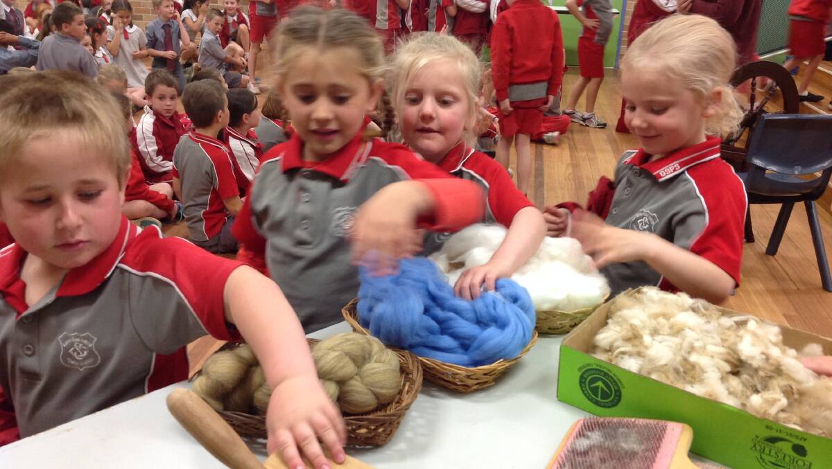 Riley Stacey, Zali Beasley, Eloise O'Donnell and Abigail Sutcliffe feel the wool brought in for a learning day at Gunnedah South Public School.