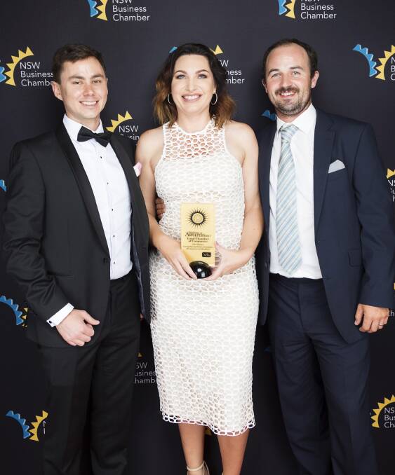 Chamber of Commerce president Stacey Cooke (centre) with NSW Business Chamber's Joe Townsend (left) and her husband Michael (right) at the awards. Photo: Supplied