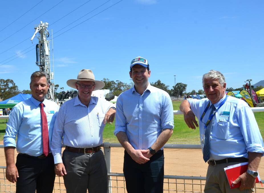 Gunnedah shire mayor Jamie Chaffey, Parkes MP Mark Coulton, federal Minster for Resources, Senator Matthew Canavan and EIMEX committee member Rob Hooke at the expo in the showgrounds. Photo: Billy Jupp