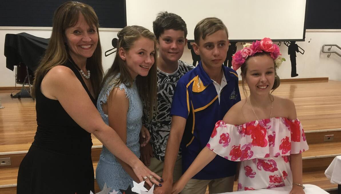Emma Jeffery, Mackenzie Leader, Archer Harrison, Trent White and Emma McCulloch at Gunnedah South's Year 6 presentation and farewell.