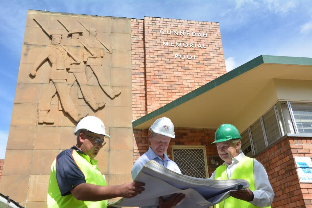 GOOD TO GO: Site foreman for Hines Construction Mark Damon with Site Manger for Hines Construction Scott Lane and Gunnedah Shire Council Special Projects Manager   Mike Silver look over plans for the Gunnedah Memorial Pool renewal program.