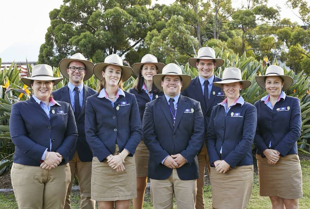 COHORT: Cameron Ward, front and centre, and Bec Cope, right, among the other NSW Rural Achievers during their week at the Sydney Royal Easter Show. 