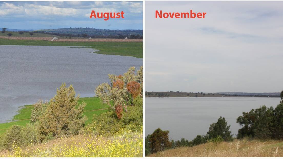 Lake Keepit (above left) at 47 per cent in late August and (above right) pictured from the same position at 98 per cent this week.