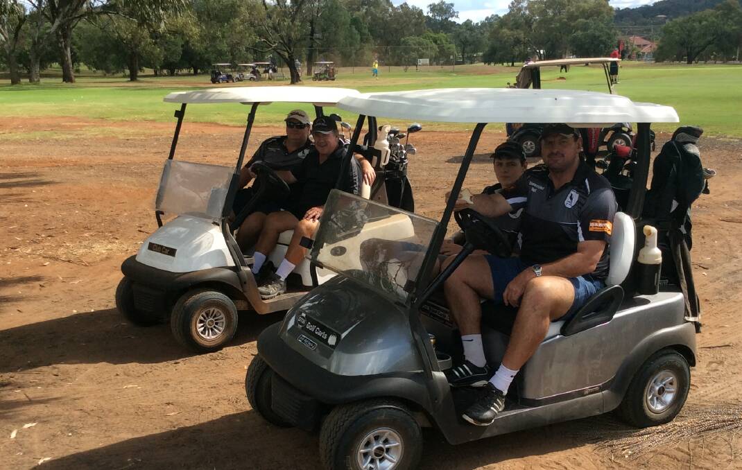 Not the real Greg Norman: Former Newcastle Knights premiership forward Matt Parsons (front) with fellow golfers at Gunnedah's Men of League charity day.