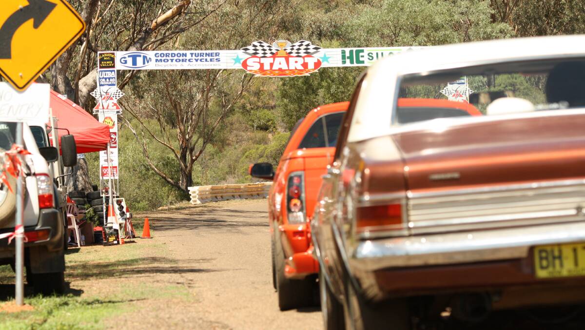 All set: Drivers at the start line for a previous hill climb at Gunnedah's HE Silos Apex Drive which ascends the challenging Mount Porcupine.