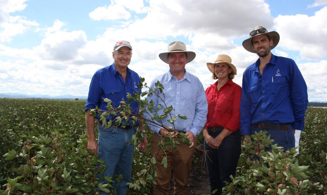 Proud as punch: National Cotton Growers of the Year Ian, Marilyn and Harry Carter with Minister for Agriculture and Water Resources, Barnaby Joyce, at Pine Ridge.