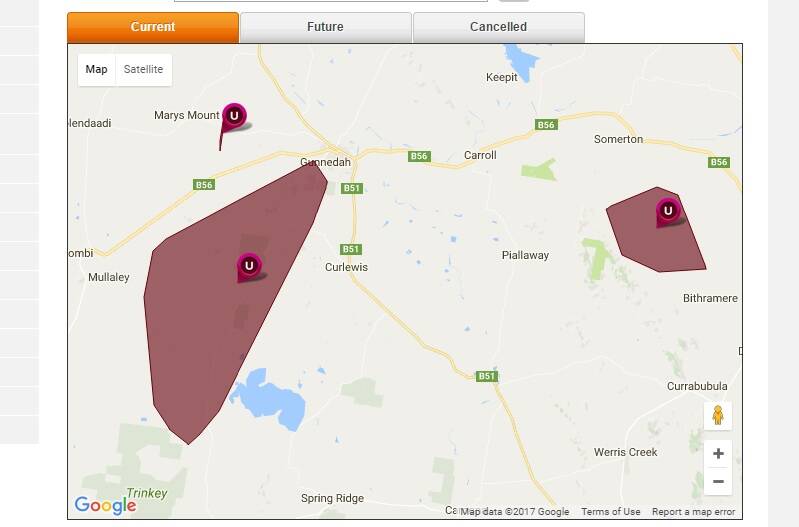 Areas affected by the power outages as listed on the Essential Energy webpage at 2pm. 