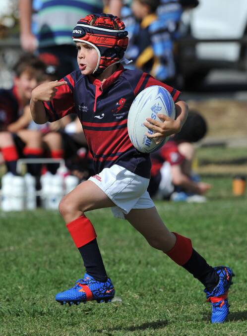Try-time: Henry Maslen runs away to score for the Gunnedah U8s at Sunday's Gunnedah Junior Rugby Carnival. Photo: Paul Mathews