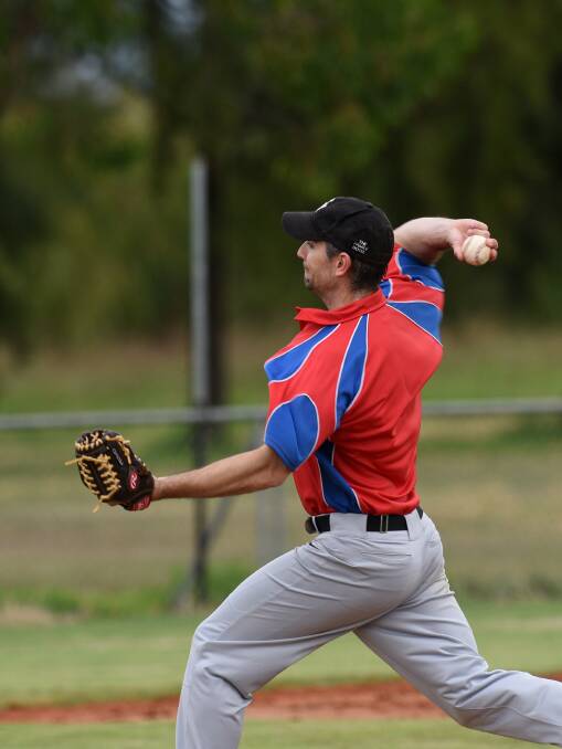 On target: Gunnedah Giants pitcher Grant Sippel rockets this throw in against the Armidale Outlaws on Saturday. Photo: Gareth Gardner 220417GGD12