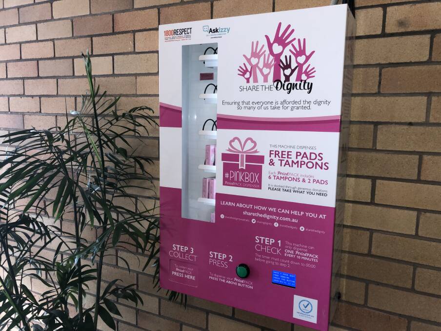The Share the Dignity dispenser is located in the back entrance corridor to the Gunnedah Discount Drug Store. Photo: Jessica Worboys