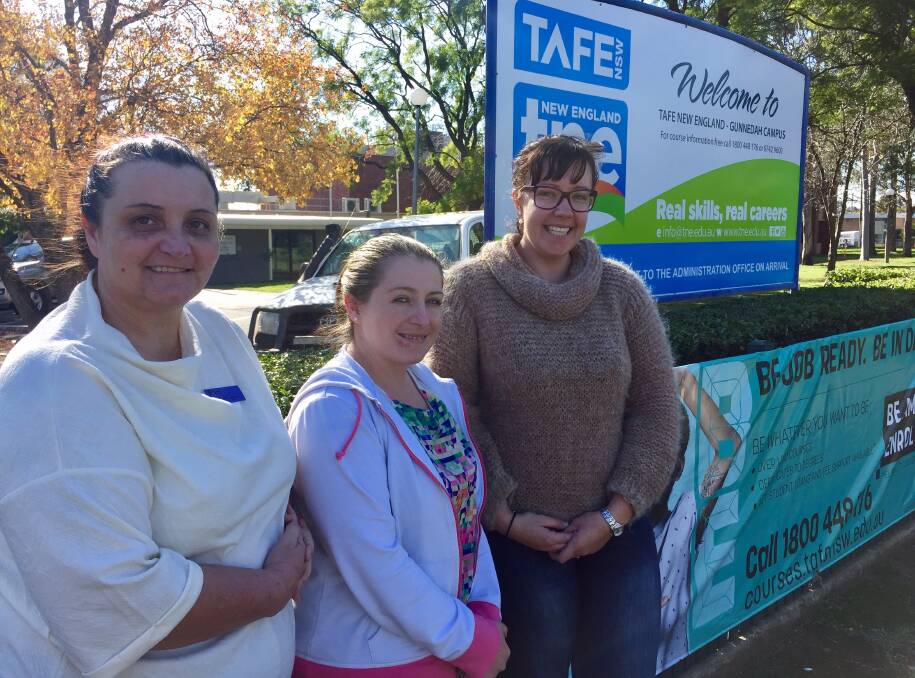YEARNING TO LEARN: Head nursing teacher Maryanne Chandler with students Tiffany McKeon and Jessica Ling encouraging people to pursue professional dreams through TAFE. Photo: Jacob McArthur