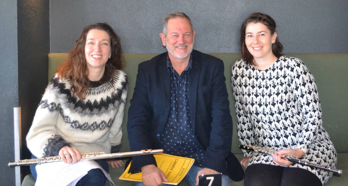 IN TUNE: From left: flautist Sally Walker, pianist Dr Christopher Allan and Quirindi's Hannah Caterer taking classical music to regional NSW. Photo: Supplied