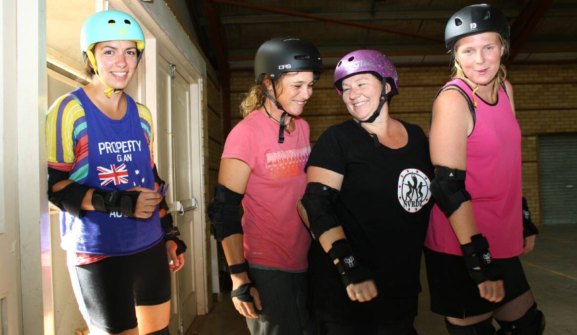 Tough customers: Namoi Valley Roller Derby League competitors Electric Warrior, Mighty Muffin, Glitta Spitta and Crinkle Cups training up in Gunnedah.