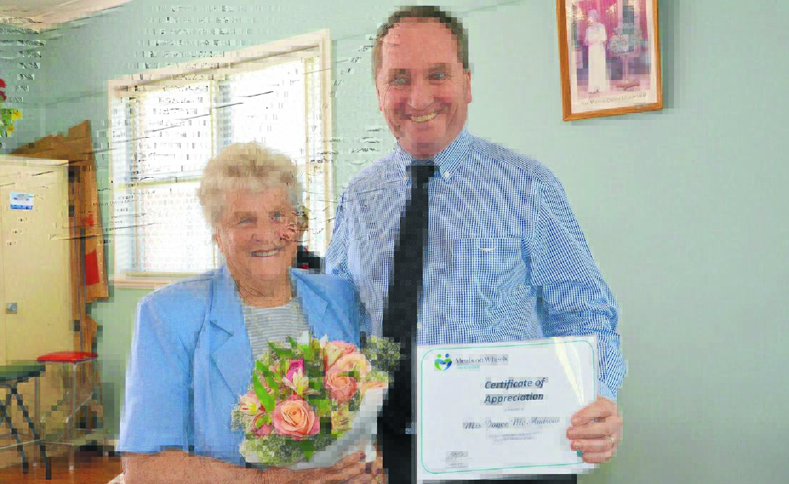 GUNNEDAH resident Joyce McAndrew has volunteered for 45 years. She is pictured with Member for New England Barnaby Joyce.