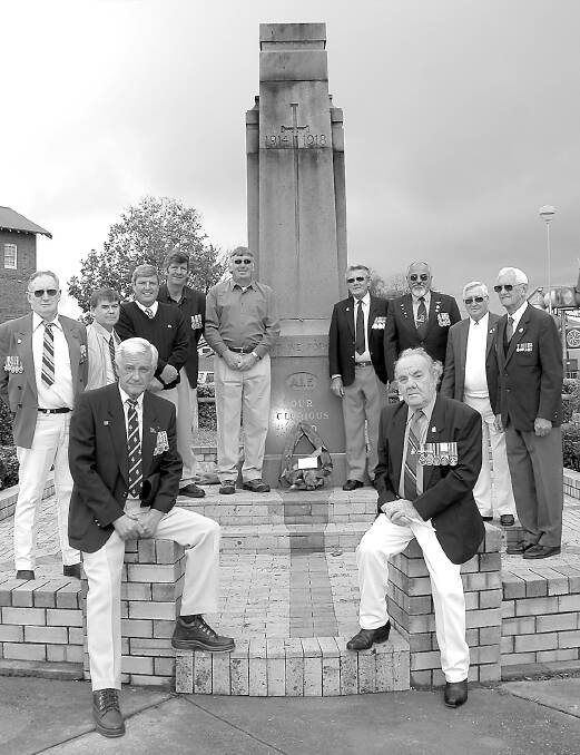 Vietnam returned veterans each year pay tribute to those who died in the Battle of Long Tan in 1966. Picture shows the commemoration at the Cenotaph on August 18,2004. Front, Jock Jamieson, left, Stan Matthews. Standing, from left, Larry Thurston, Kerry Bee, Malcolm Jones, Mick Hull, Danny Johnson, Neville Steele, John Connelly, Bob Wells, and RSL President Roy Law.