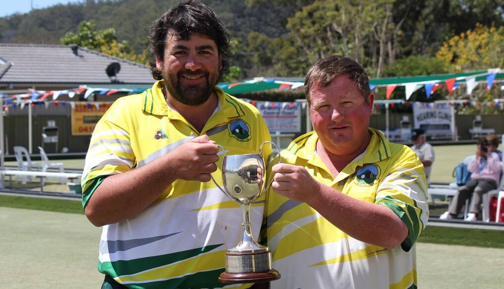 CUp glory. Gunnedah bowlers Nathan Wise and Scott Thorning beat a big field of national and international representative players to win the 2014 NSW State Pairs Championship. Photo: Andrew Lynn, Bowls NSW.