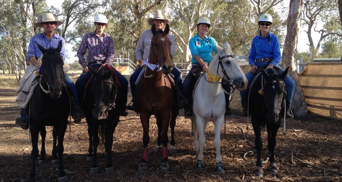 The 2015 Maules Creek open draft winners. Pictured from left: Robert Neville on Quest (first), Tammy Nairne on Blackjack (second), John Hitchcock on Lincoln (third), Jess Sammon on Pistol Packin Lena (fourth) and Sue Kirkby on Serena (fifth).