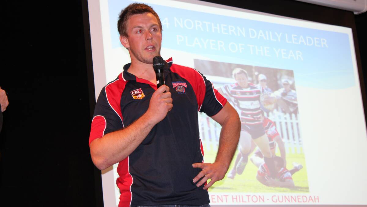 Group 4 Player of the Year and Gunnedah Bulldogs captain, Trent Hilton, speaks after accepting his award in Gunnedah last night. Photo: Prue Jeffrey.