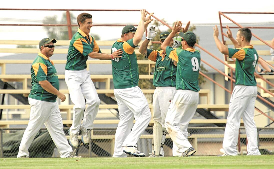 Gunnedah Timbers celebrate a wicket during last season’s T20 competition which they won. The side will run under the NVM Kookas banner this year and hope to consolidate on last season’s success.