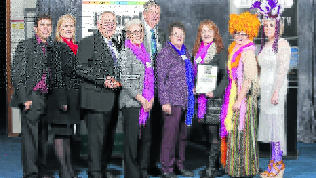 oggabri on top: (From left) Richard and Joanna Gillham, Geoff and Elaine Eather, Ron and May Boxsell, Jenny Smith, Penny Jobling (Narrabri Shire Tourism) and Jane Barnes (Travel In Inland Tourism Awards). The theme for the night was Priscilla Queen of the Desert.