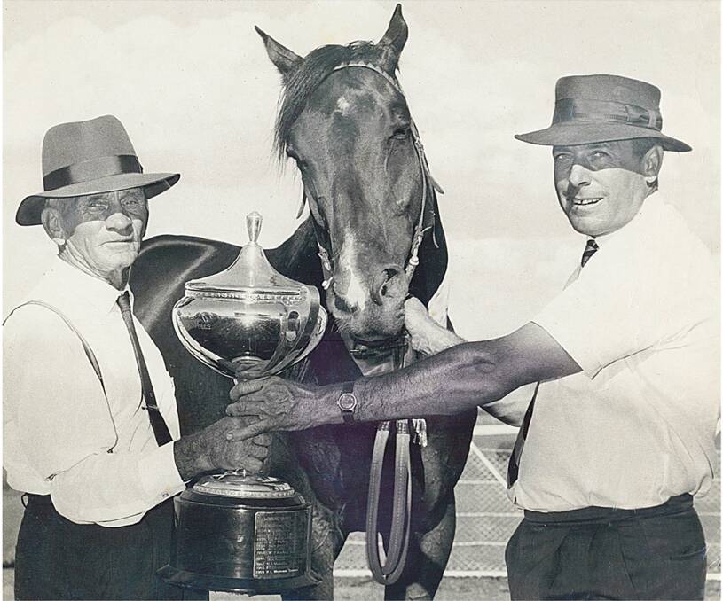 John Clift (left) with Gunnedah’s Claude Snape and Mr Snape’s Somerton Cup winner Tarragon in the late 1960s.