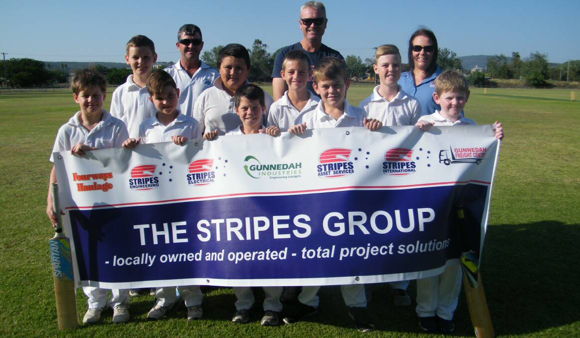 12 years and under Gunnedah junior cricket side, sponsored by Stripes Engineering Services Pty Ltd. Pictured back row from left: Darrin Cameron (coach), Darryn Hobden (coach), Paula Gillham (project administrator, Stripes Engineering Services).  Middle row, from left: Josh Green, Jayden Winsor, Lachlan Straney, Jake Hobden. Front row, from left: Jim Brady, Flynn Cameron, Corbyn Brand, Rhys Conn, Bailee Thomas. Absent: Connor Gallagher, Lachlan Paul and Adam Farquhar. Photos courtesy Gunnedah junior cricket.
