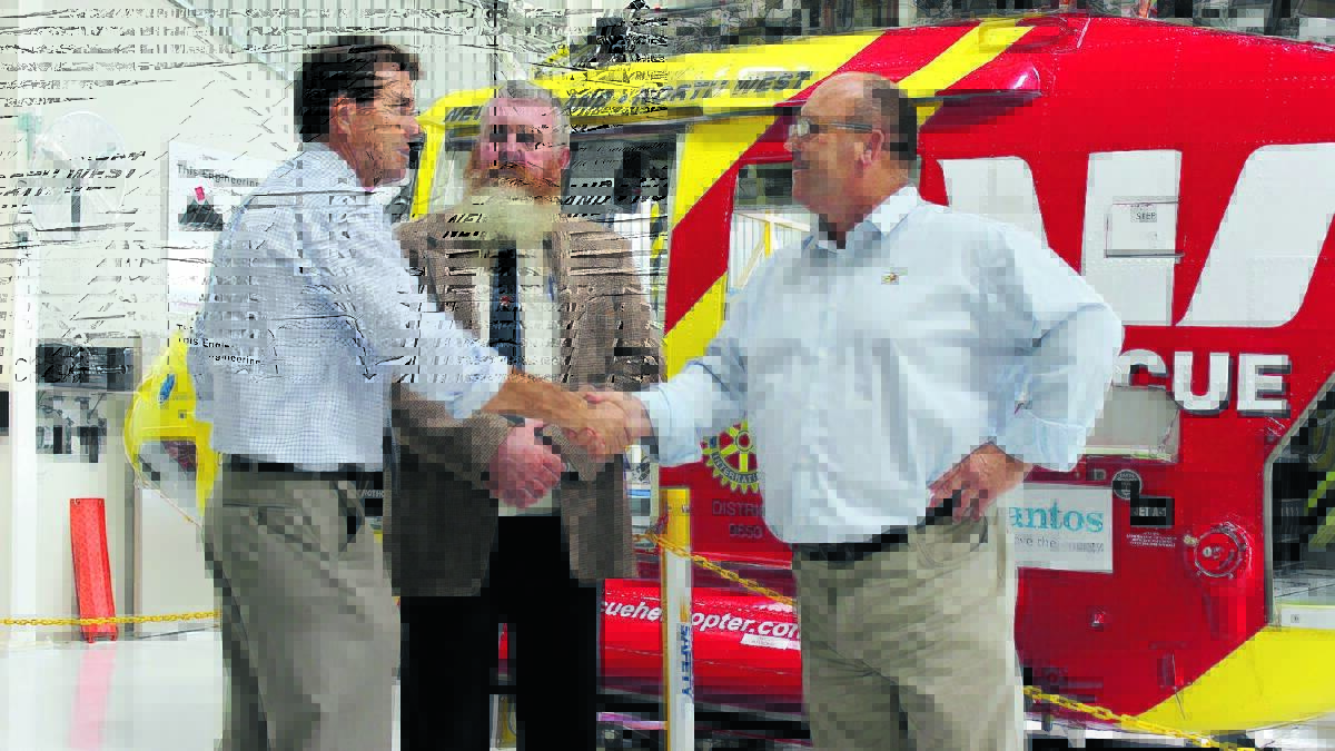 Member for Tamworth Kevin Anderson, left, with Westpac Rescue Helicopter Gunnedah-based board member Ross Whitaker, centre, and chief executive officer Richard Jones, right.