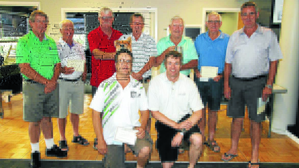 Pictured after last Saturday’s presentation at the Gunnedah Golf Club, from left, Ken Renton, Max Brown, Steve Dunn, Darby Waghorn, Harry Hubbard, Russell Easey and Peter Ellis. Front: Shane Wilson and Don Whiteman.
