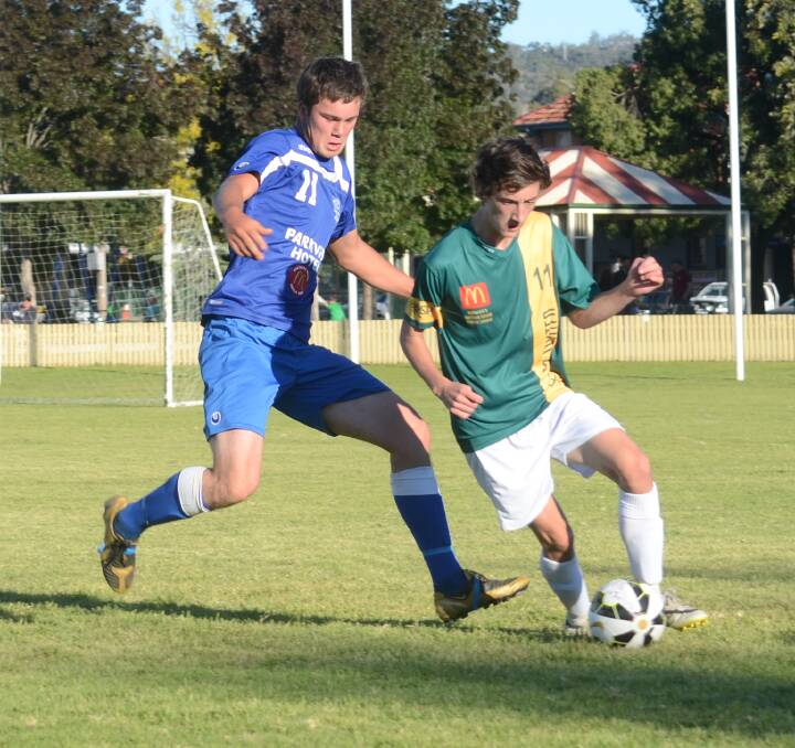United striker Robert Pryor challenges a Joeys FC player during last weekend’s first grade match at Wolseley Park. Later that game, Pryor sustained a season-ending injury. Photo courtesy Belinda Pryor.