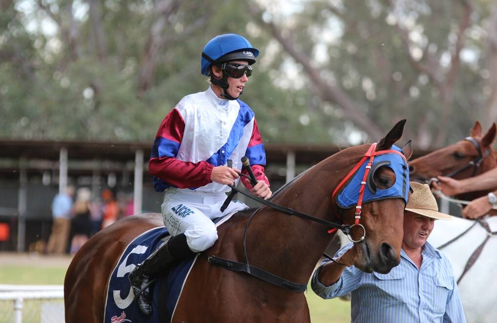 Graham Shields leads Just as Dapper and jockey Adam Sewell before their win in the 2014 Manilla Cup at Riverside Racecourse. Photo: Sam Woods