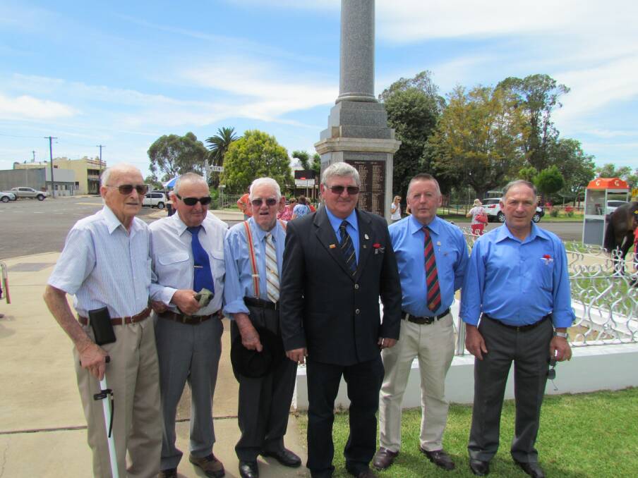 Boggabri RSL members Ron George, left, Peter Hall, Bob Boyer, President Steve Eather, David Grover and David Sawtell pictured at the cenotaph after the Remembrance Day commemoration.