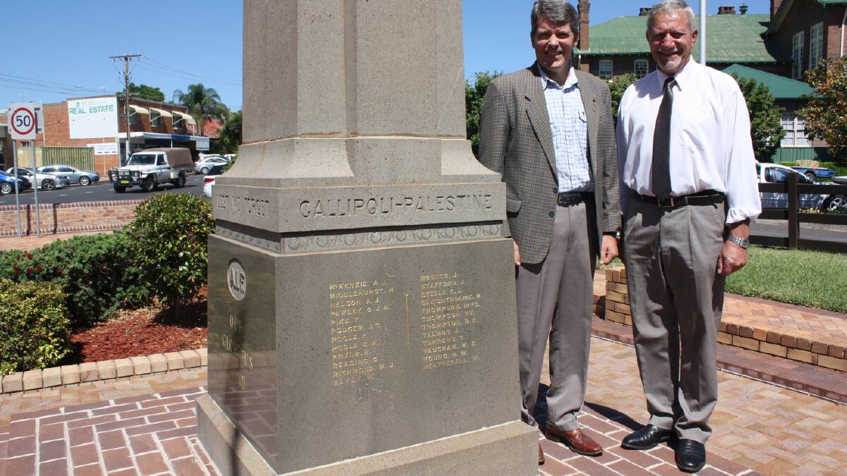 WWI will be the focus of this year’s Annual Mayoral Breakfast in April. Pictured are Gunnedah Minister’s Fraternal president Scott Dunlop (left) with Gunnedah Shire mayor Owen Hasler (right) at the Gunnedah Cenotaph.