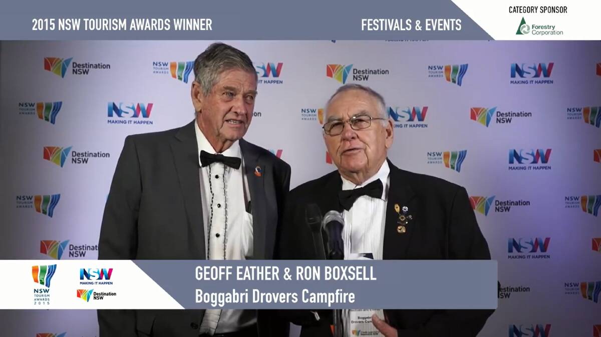 Boggabri's Geoff Eather and Ron Boxsell at the 2015 NSW Tourism Awards.