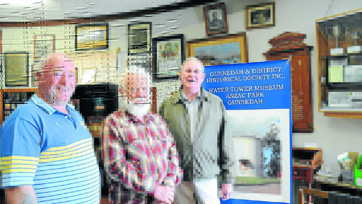 At the Water Tower Museum’s Dorothea Mackellar open day were (from left) Peter James, of Curlewis, Peter Copp, of Emerald in Victoria, and Gunnedah and District Historical Society president Bob Leister. 