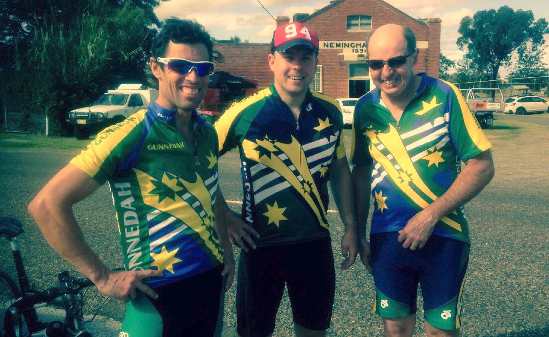 Gunnedah cyclists Pete Loveridge, Nathan Browne and Garry Turner at the 100km Nemingha-Nundle-Nemingha Handicap race on Sunday.