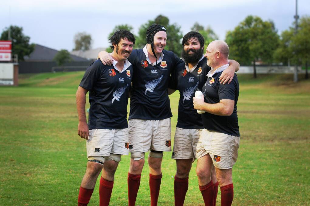 The Gunnedah Rugby Club will celebrate their 125th anniversary on Saturday. Photo: Sarah Hickey. Pictured are Red Devils Lincoln Stewart, Matt Roseby, Lachie Johnston, and Matthew Hannay.