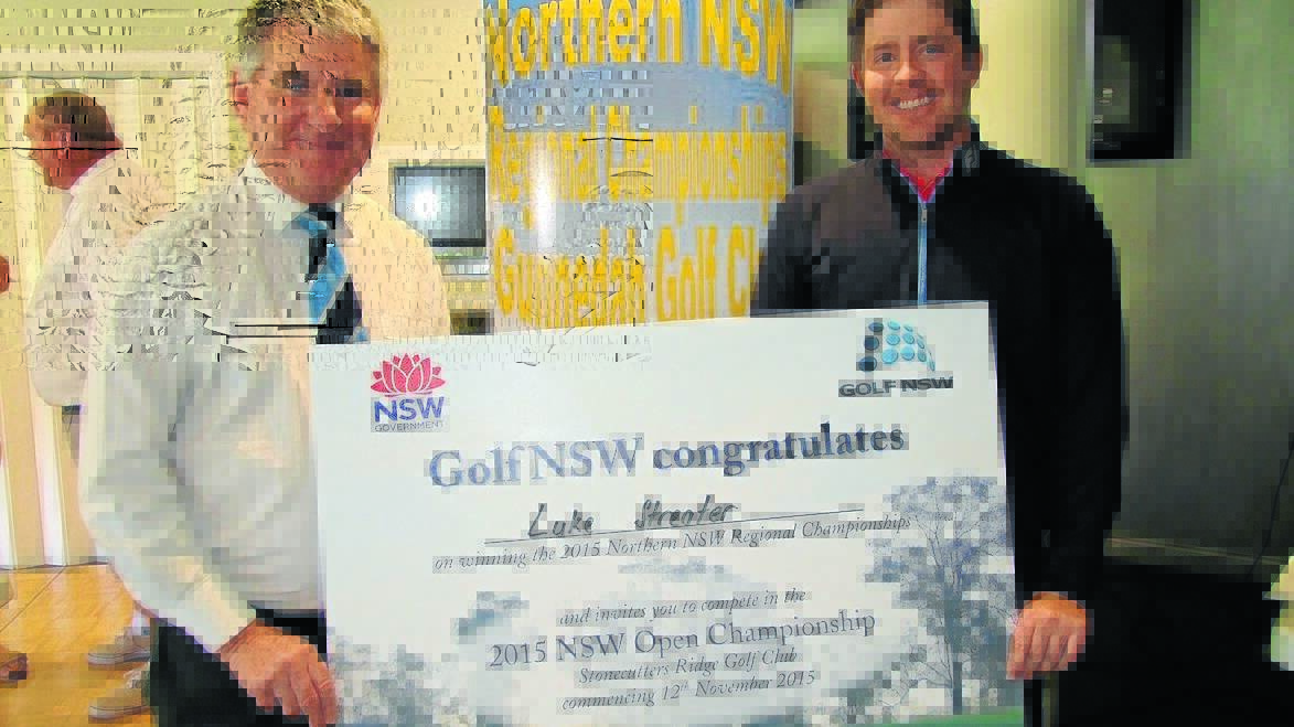 LUKE Streater, right, accepts his Golf NSW automatic entry “cheque” from Golf NSW’s government relations and communications manager, Bernard Bratusa.