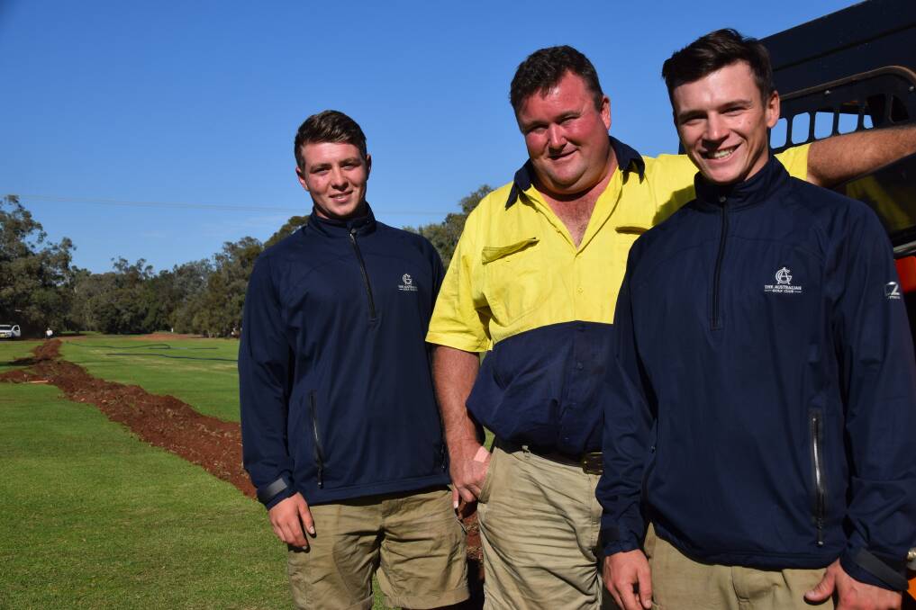 Gunnedah Golf Course superintendent Ian “Chop” Elphick, centre, with professional greenkeepers Jack McMillan and Jack Davies from England. The pair have been helping with the installation of an impressive new watering system on the course.