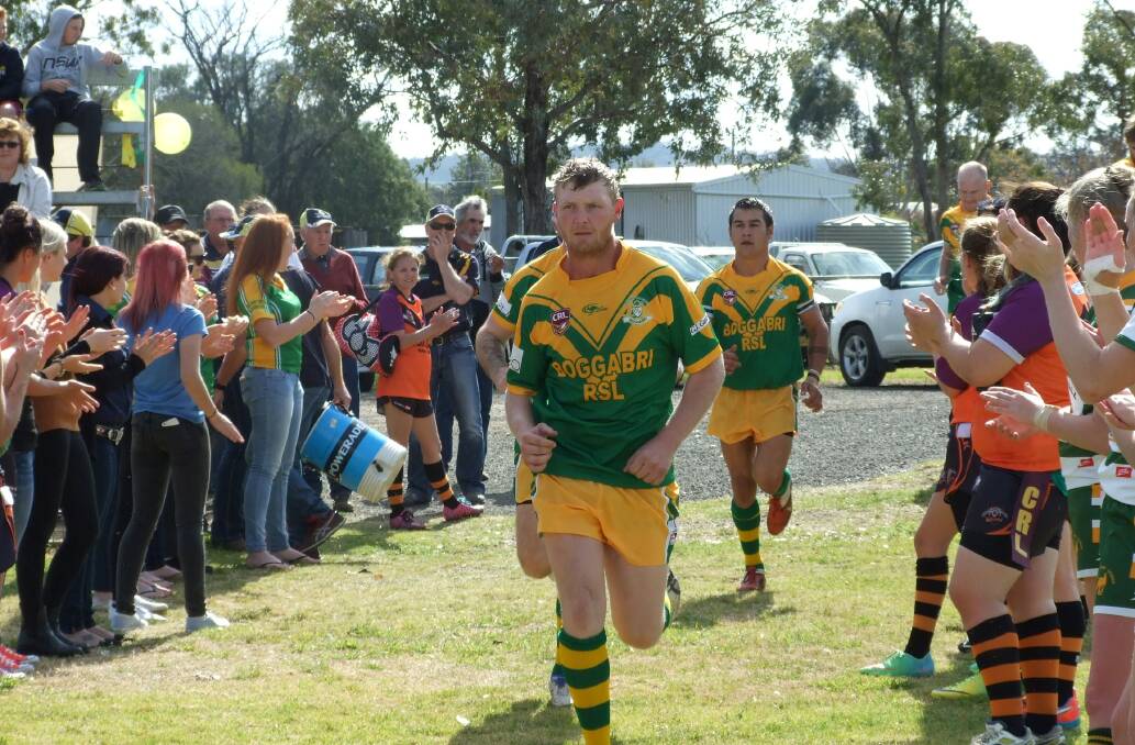 Boggabri captain Mitch Campbell runs out in last weekend’s second division rugby league semi-final at Jubilee Oval in Boggabri.
