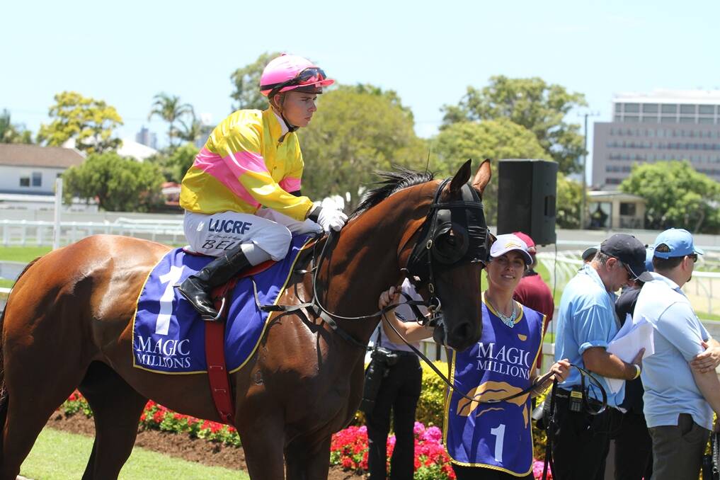 Former Gunnedah gal Shannon Small leads Our Gardy ridden by Tim Bell at the 2015 Gold Coast Magic Millions. Photo courtesy of Ross Stevenson Photography.